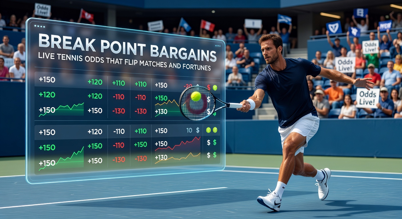 Ein intensiver Tennis-Moment: Spieler kämpft um einen Break Point, während Quoten auf dem Bildschirm explodieren