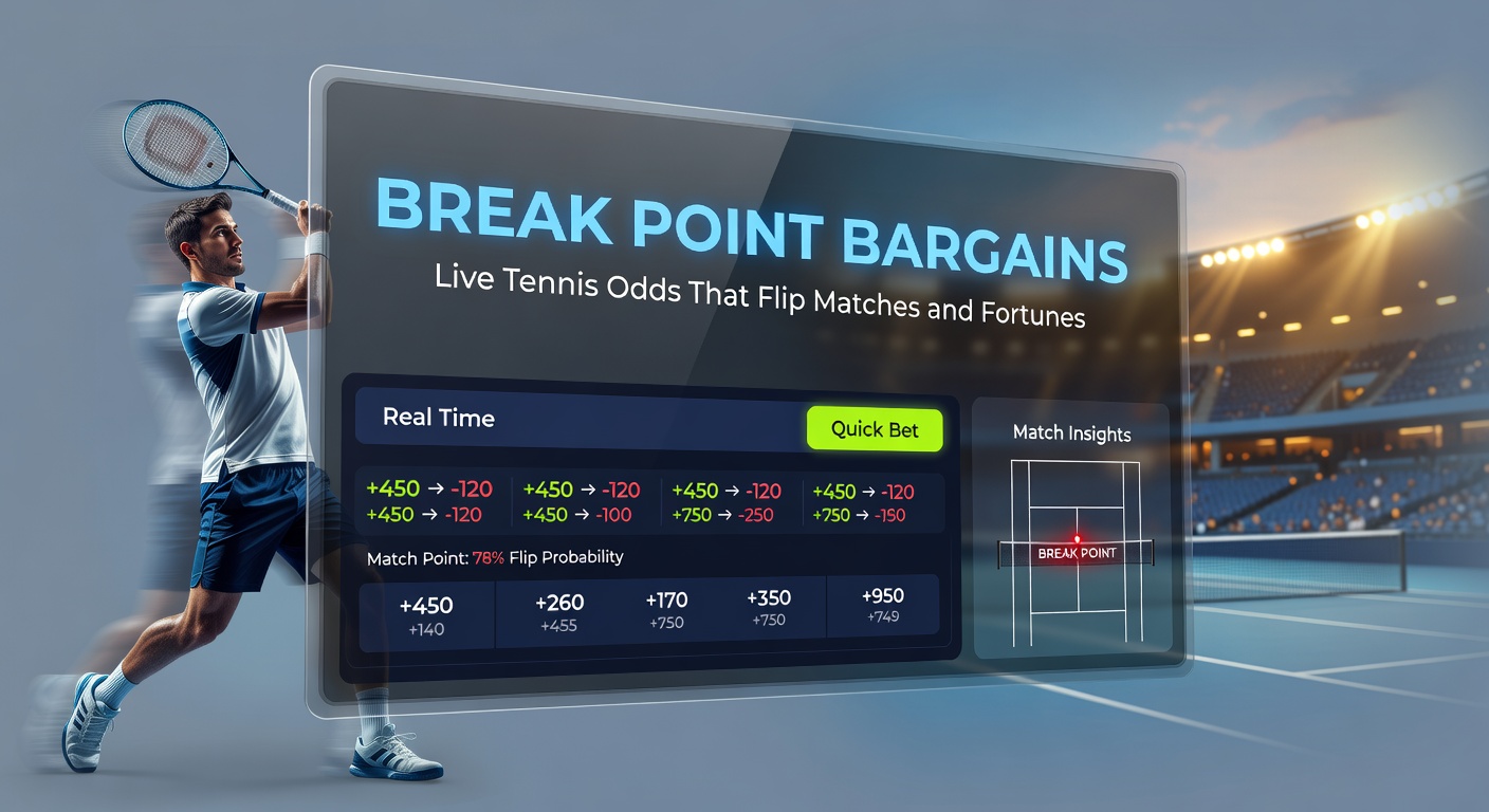 Dramatischer Break Point in einem Grand-Slam-Match: Der Spieler feiert den Gewinn, Quoten drehen sich im Hintergrund