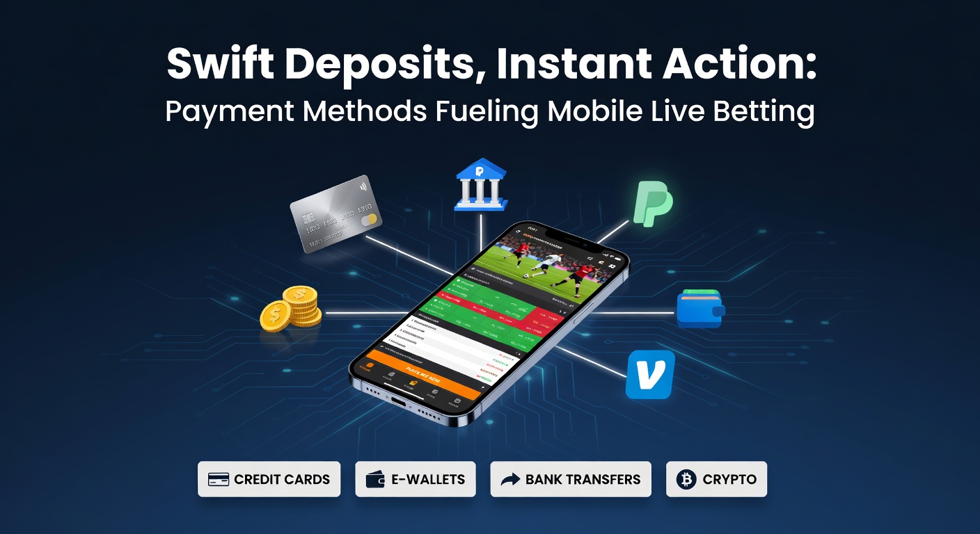 Grafik mit verschiedenen Zahlungsmethoden-Icons und einer Live-Wett-App auf einem Tablet, die Echtzeit-Transaktionen darstellt